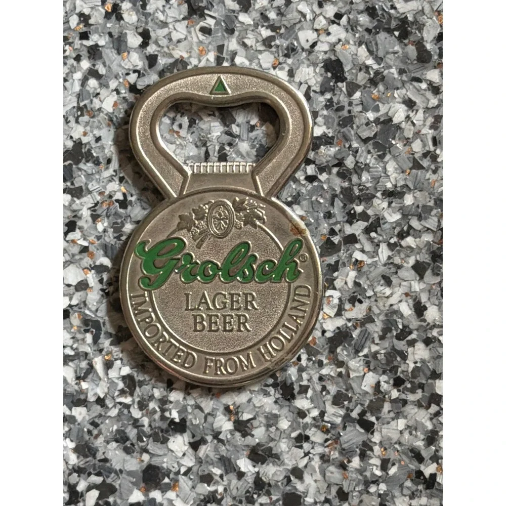 Vintage Grolsch Lager Beer Bottle Opener Holland Silver Green Metal Bar Tool